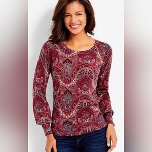 Talbots 100% Merino Wool Burgundy Paisley Sweater Top XS Fall Boho chic